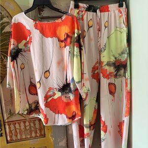 Floral Wide-Leg Pantsuit Set in Orange & Lime